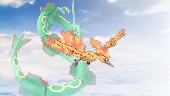 The flying Pokemon Moltres in front of a picture of Rayquaza in the sky
