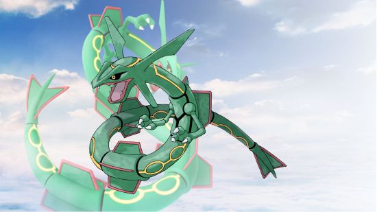 The flying Pokemon Rayquaza in front of an image of itself in the sky
