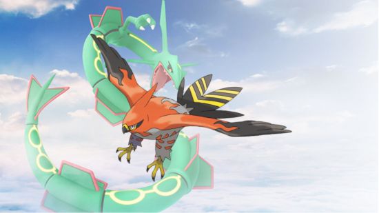 The flying Pokemon Talonflame in front of a picture of Rayquaza in the sky