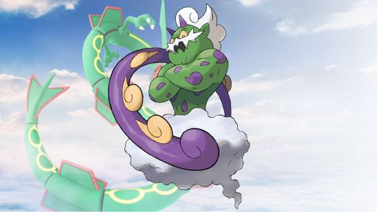 The flying Pokemon Tornadus in front of a picture of Rayquaza in the sky
