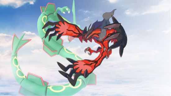 The flying Pokemon Yvetal in front of a picture of Rayquaza in the sky
