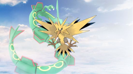 The flying Pokemon in front of a picture of Rayquaza in the sky