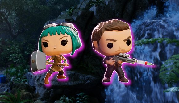 Funko Fusion release date: Scott Pilgrim's Ramona Flowers and Jurassic World's Owen Grady, both as Funko Pops, outlined in white with a fluorescent purple drop shadow, pasted on a background from the game
