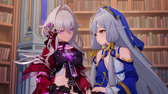Games like Genshin Impact: Two characters from Honkai Impact 3rd sat together holding hands