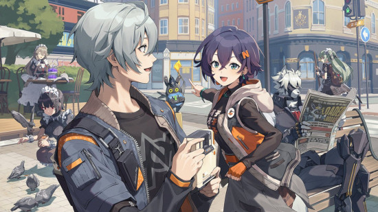 Games like Genshin Impact: Art of the Proxies, Belle and Wise, and the members of Victoria Housekeeping, exploring London. Wise is holding a camera and Belle is pointing to something