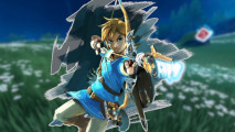 Games like Skyrim: BOTW Link shooting an arrow on a painterly background. This is outlined in white and pasted on a blurred screenshot from The Pathless