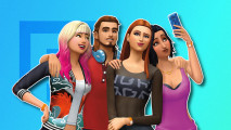 Games like The Sims: Four Sims 4 Sims outlined in white and pasted on a blue PT background. They are taking a group selfie