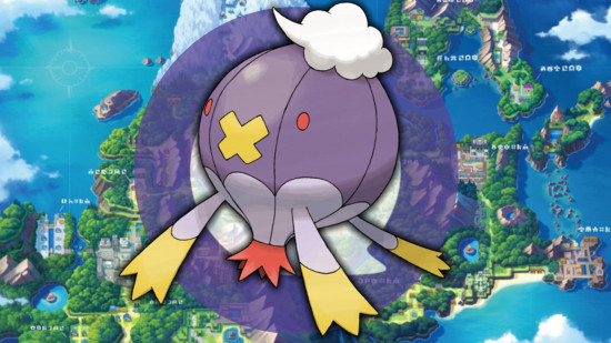 Ghost Pokemon weakness - Drifblim in front of the ghost type icon in front of a map of Sinnoh