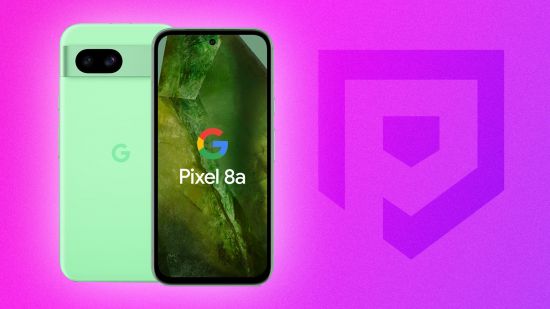 Custom image for Google Pixel 8a teardown video news with a green Pixel 8a on a purple background