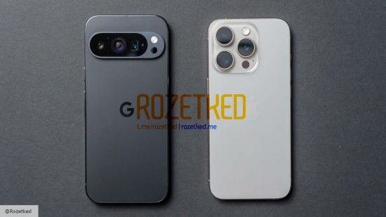 Image courtesy of Rozetked of the Pixel 9 Pro XL next to the iPhone 15 Pro Max for Google Pixel 9 leak news