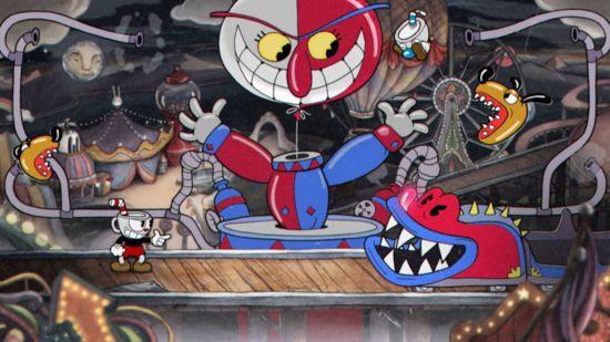 Giochi difficili: screenshot di Cuphead che mostra il momento in cui si combatte con il clown malvagio nel parco a tema