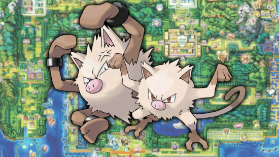 How to evolve Primeape - Primeape and Mankey in front of a map of Kanto