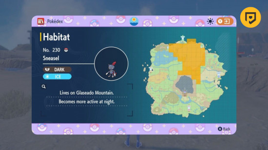 How to evolve Sneasel: Sneasel's location on the Paldea map taken in Pokemon Violet, with a PT logo in the top right corner