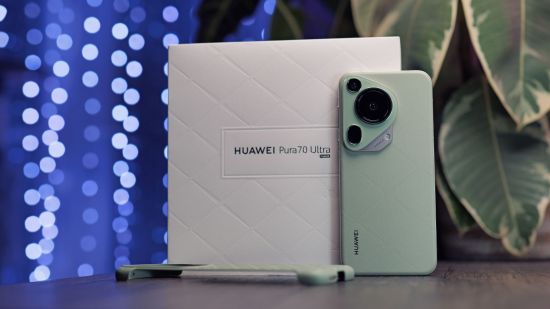Custom image for Huawei Pura 70 Ultra review showing the phone next to its box and complimentary case