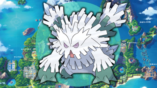 Ice Pokemon weakness - Mega Abomasnow in front of the ice type icon in front of a map of Sinnoh
