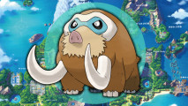 Ice Pokemon weakness - Mamoswine in front of the ice type icon in front of a map of Sinnoh