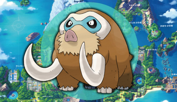 Ice Pokemon weakness - Mamoswine in front of the ice type icon in front of a map of Sinnoh