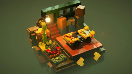 Lego games: A screenshot from Builder's Journey with a khaki green background