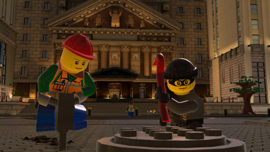 Lego games: A screenshot of a maintenance worker minifig and a robber minifig in Lego City Undercover
