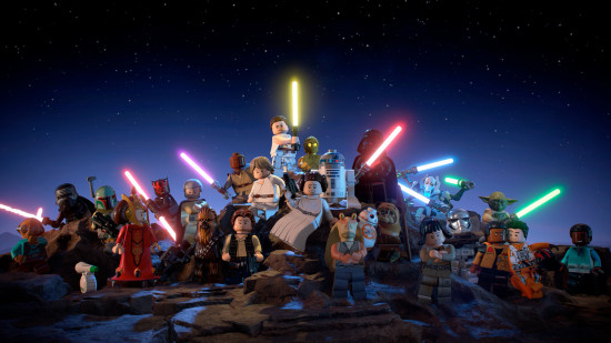 Lego games: All of the Lego Star Wars Skywalker Saga characters gathered in a hill formation, holding up their lightsabers and posing in character on a dark blue sky background