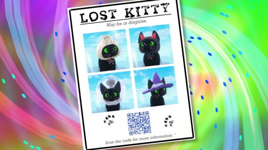 Little Kitty, Big City interview - a 'Lost Kitty' poster showing four pictures of Kitty in different hats over a screenshot of the fast travel screen