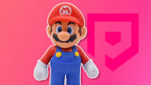 Custom image of a Mario toy on a pink background for best Mario figures guide