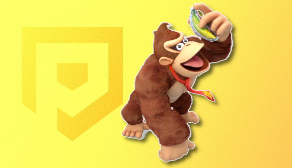 Monkey games: Donkey Kong eating a frozen banana, outlined in white and pasted on a banana yellow PT background