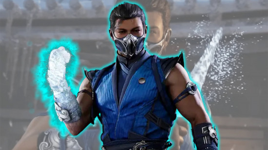 Mortal Kombat's Sub-Zero clenching his fist covered in ice in front of a picture of himself creating an ice knife