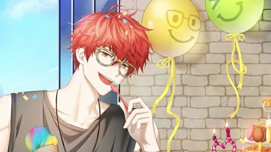 Mystic Messenger 707's birthday artwork featuring him eating cake cheekily by some balloons