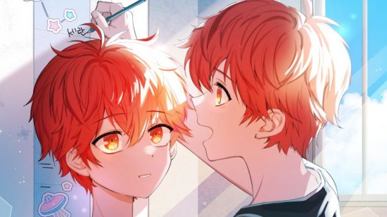 Mystic Messenger's 707 as a child with his twin brother measuring him against a wall