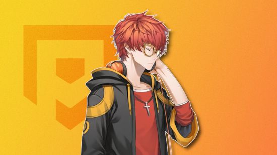 Mystic Messenger's 707 outlined in white and pasted on a mango PT background that compliments his red hair and yellow jacket accents