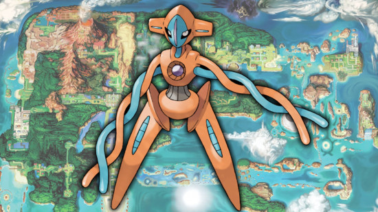 Myhtical Pokemon Deoxys in its normal form in front of a amp of Hoenn
