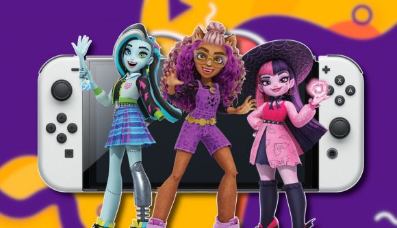 New Mattel games: Clawdeen, Draculaura, and Frankie Stein from the G3 Monster High animated series pasted on a Switch system. All together it's outlined in white and pasted on a blurred purple and mango Outright Games graphic.