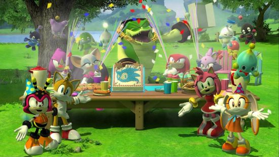 New Switch games - a group of Sonic characters having a party next to a cake with Sonic's head on it