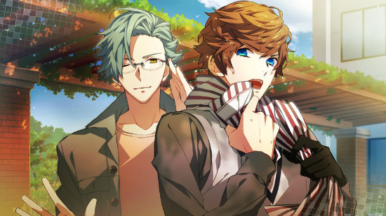 A screenshot from one of the best otome games Charade Maniacs showing two handsome characters standing close to each other