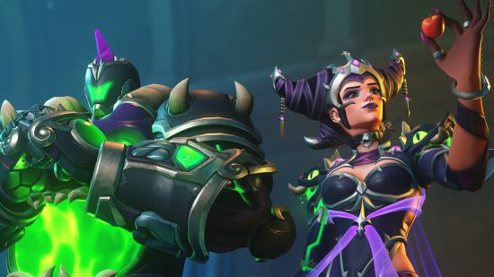 Overwatch 2 tier list: Ashe and Bob's Season 11 mythic skin in purple and green, themed heavily around classic Super Sentai/Power Rangers villains