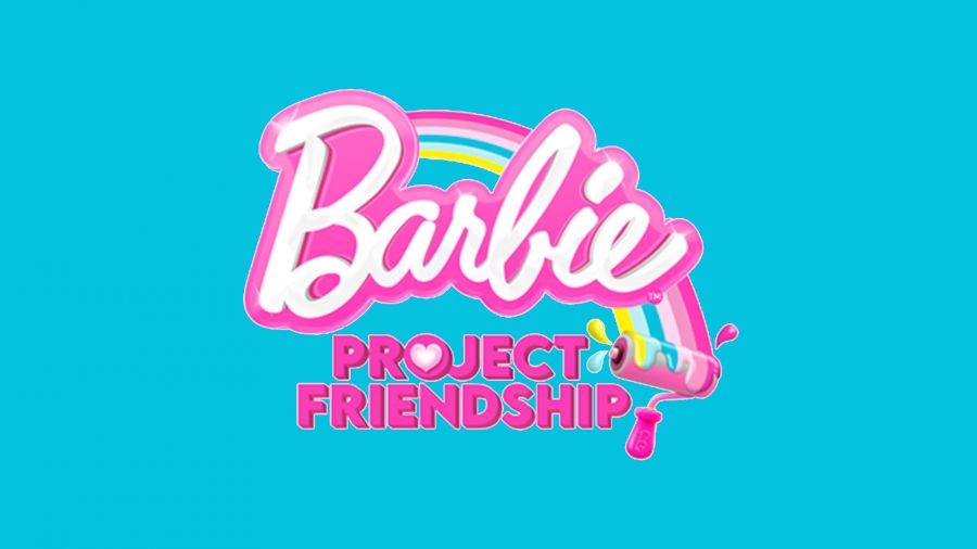 Barbie Project Friendship logo on a teal blue background to match one of the colors in the paint rainbow