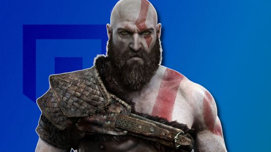 PlayStation mobile platform: Kratos from God of War outlined in white and pasted on a PS blue PT background