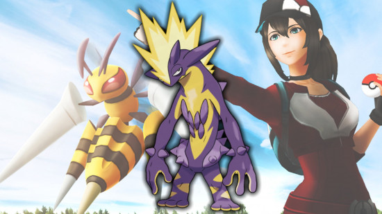Poison Pokemon Toxtricity in front of a trainer with a beedrill