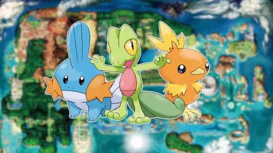Pokemon regions: Treecko, Torchic, and Mudkip outlined in white and pasted on a blurred aerial shot of Hoenn