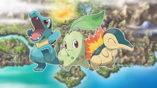 Pokemon regions: Totodile, Chikorita, and Cyndaquil outlined in white and pasted on a blurred Johto aerial shot