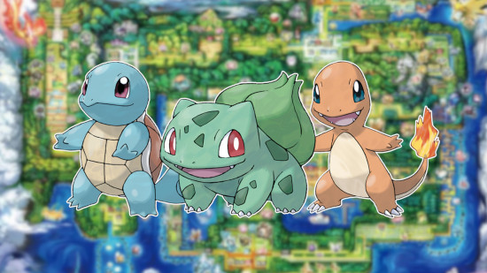 Pokemon regions: Bulbasaur, Squirtle, and Charmander outlined in white and pasted on a slightly blurred Kanto map