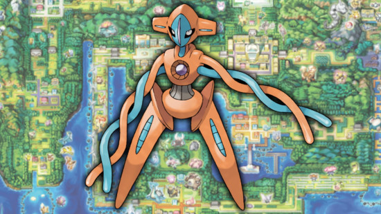 Psychic Pokemon weakness - Deoxys in front of a map of Kanto