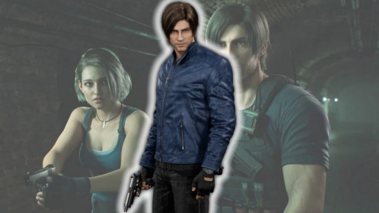 Resident Evil movies in order - Leon from Death Island in front of a screenshot of Leon and Jill in a sewer