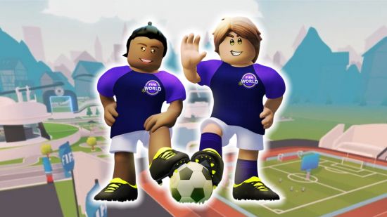 Roblox FIFA World 2.0 update players in a purple uniform in front of an arena and pitch