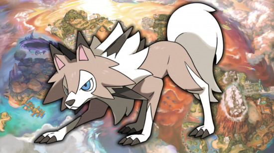 Rockruff evolution: Lycanroc in front of a map of Alola