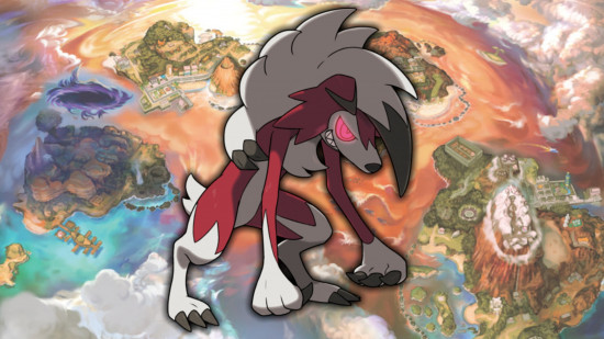 Rockruff evolution: midnight Lycanroc in front of a map of Alola