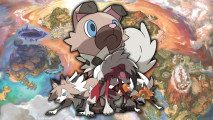 Rockruff evolution: Rockruff and all three Lycanroc types in front of a map of Alola