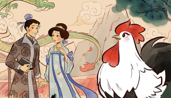 Rooster interview: Key art from Rooster of the Rooster looking at the man and woman and smiling, drawin in a Chinese ink brush style
