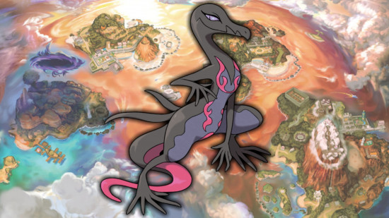 Salandit evolution: Salazzle in front of a map of Alola